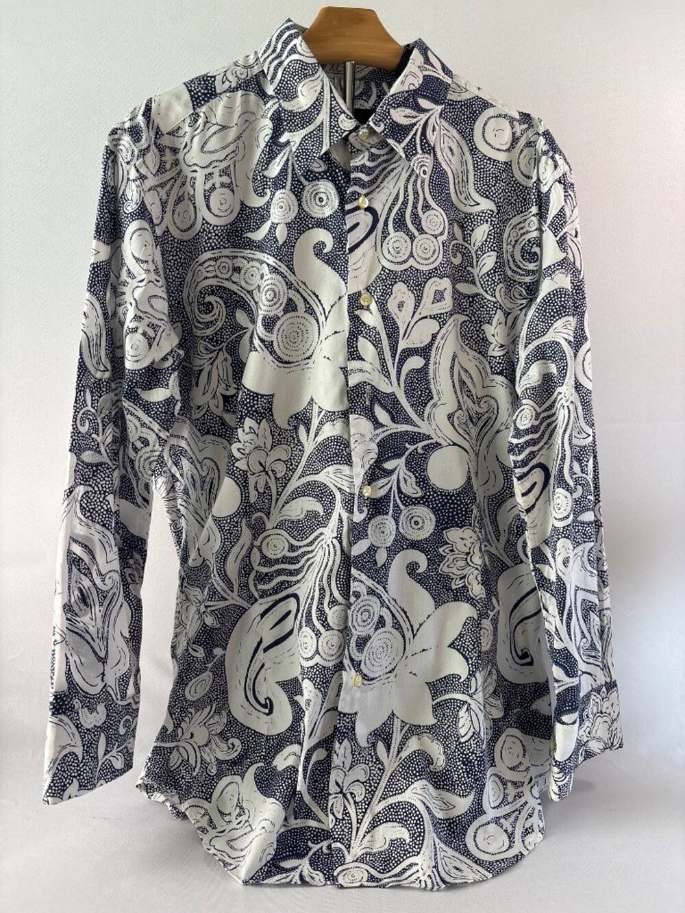 Etro Milano Paisley Navy White Button Shirt Men Sz 43 Made Italy